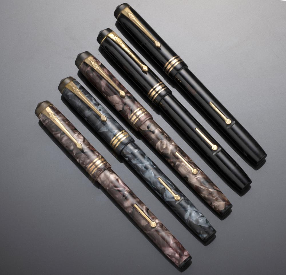 FIVE CONWAY STEWART FOUNTAIN PENS, 388++All in good as found, unrestored condition