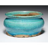 A CHINESE TURQUOISE GLAZED WATER POT, MING DYNASTY of stoutly potted shouldered form with flared