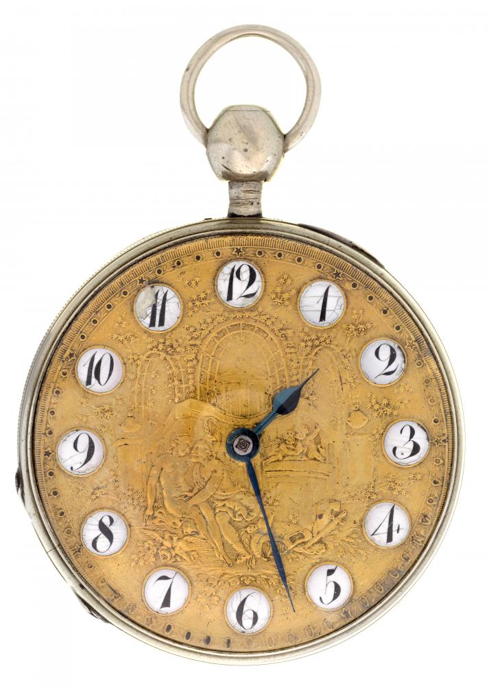 A SWISS SILVER QUARTER REPEATING VERGE WATCH DUCHENE & FILS, EARLY 19TH C the gilt dial cast with