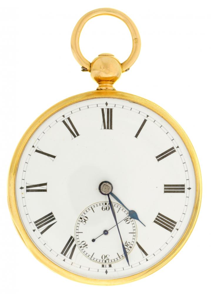 AN ENGLISH 18CT GOLD DUPLEX WATCH [SIGISMUND] RENTZSCH LONDON with enamel dial, gilt full plate