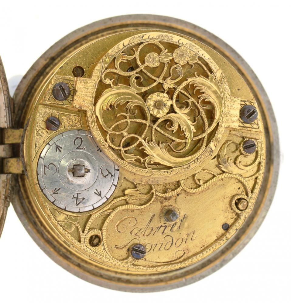 A SILVER PAIR CASED VERGE WATCH CABRIER LONDON, 18TH C with enamel dial, filigree hands, foliage - Image 3 of 3