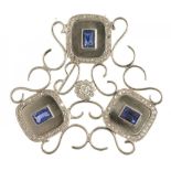 AN ART DECO SAPPHIRE AND DIAMOND OPENWORK BROOCH with transitional cut and rose cut diamonds and