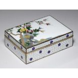 A JAPANESE WHITE GROUND CLOISONNÉ ENAMEL CIGARETTE BOX BY THE INABA CLOISONNÉ CO, TAISHO 13.5cm l,