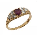 A VICTORIAN RUBY AND DIAMOND RING the gold hoop marked 18ct, 3.5g, size N++Slight abrasions to ruby