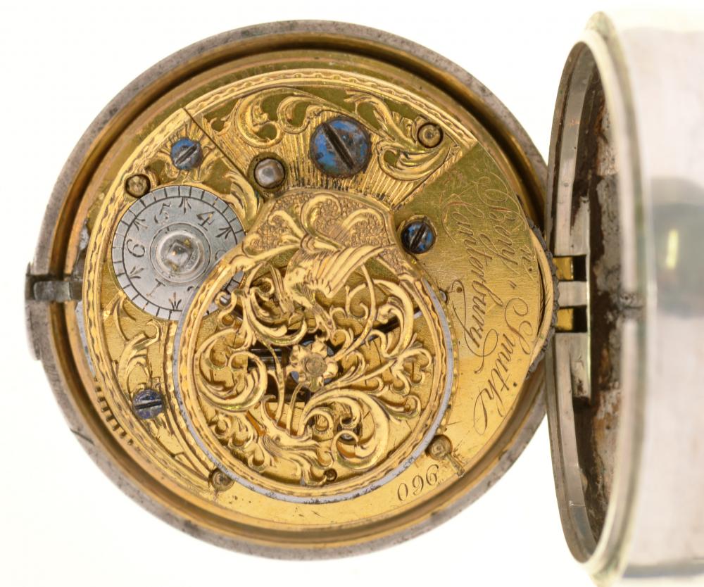 AN ENGLISH SILVER PAIR CASED VERGE WATCH BENJ[AMI]N SMITH, CANTERBURY, 960 with enamel dial, - Image 2 of 2