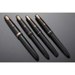 FOUR PARKER BLACK FOUNTAIN PENS comprising Duofold, "17" Lady and two Slimfold and a Parker box