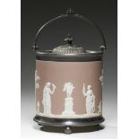 A WEDGWOOD BAS RELIEF WARE BISCUIT BARREL, C1890 ornamented with Diana and other classical figures