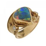 A BLACK PEAR SHAPED OPAL DOUBLET AND DIAMOND RING in 18ct gold, maker RDS, London 2011, 10.5g,