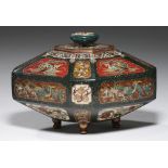 A JAPANESE OCTAGONAL CLOISONNÉ ENAMEL VASE AND COVER, MEIJI PERIOD with tomato red or aventurine