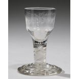 AN INTERESTING ENGLISH DRAM GLASS, C1765 the ogee bowl engraved Ann Scarber May 4th 1834, on well