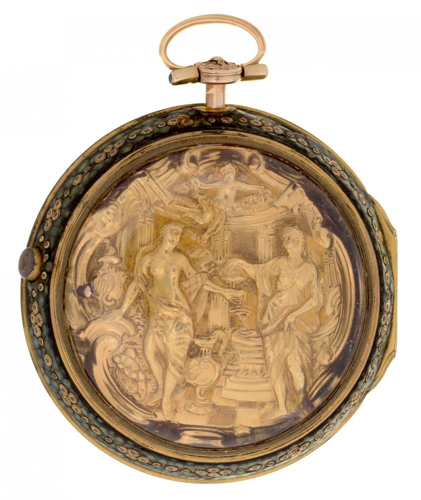 A GOLD REPOUSSÉ TRIPLE CASED VERGE WATCH ALLEN WALKER LONDON, 12682 with Dutch style enamel dial, - Image 2 of 3