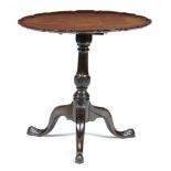 A GEORGE III MAHOGANY TRIPOD TABLE, C1780 the tip up pie crust top with brass handle on oak block