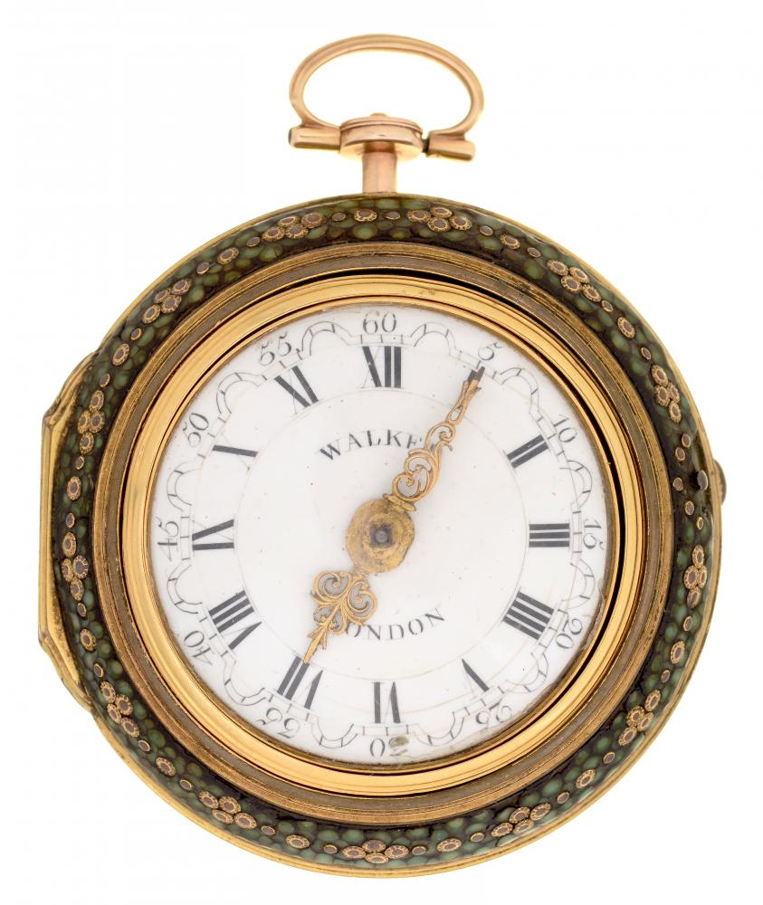 A GOLD REPOUSSÉ TRIPLE CASED VERGE WATCH ALLEN WALKER LONDON, 12682 with Dutch style enamel dial,
