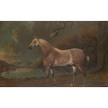 BRITISH NAIVE ARTIST, 19TH CENTURY PORTRAIT OF A DAPPLED STALLION BY LAKE oil on board, 32 x 51