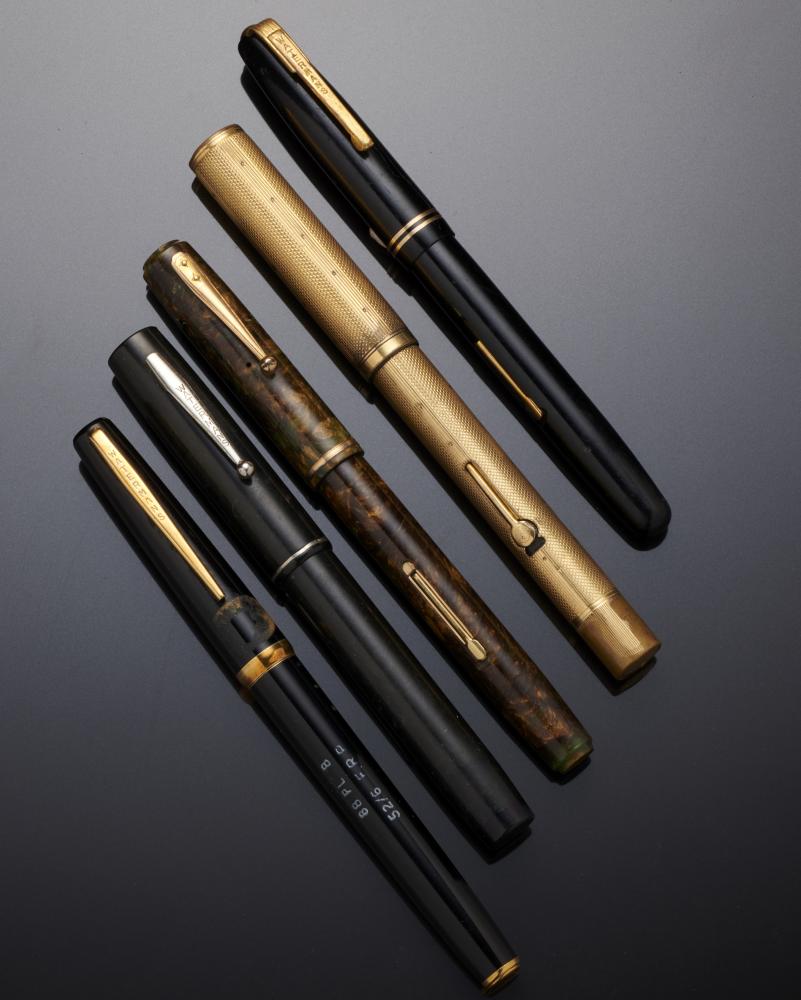 FIVE WATERMAN PENS comprising gold plated, 0552, lacks clip, 503 Ideal (2), one other and two