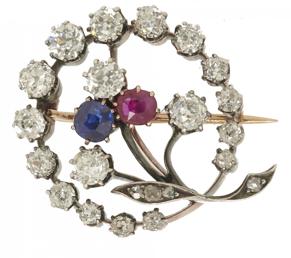 A VICTORIAN DIAMOND, SAPPHIRE AND RUBY BROOCH the old cut and rose cut diamonds approx 1.95 ct, 2.