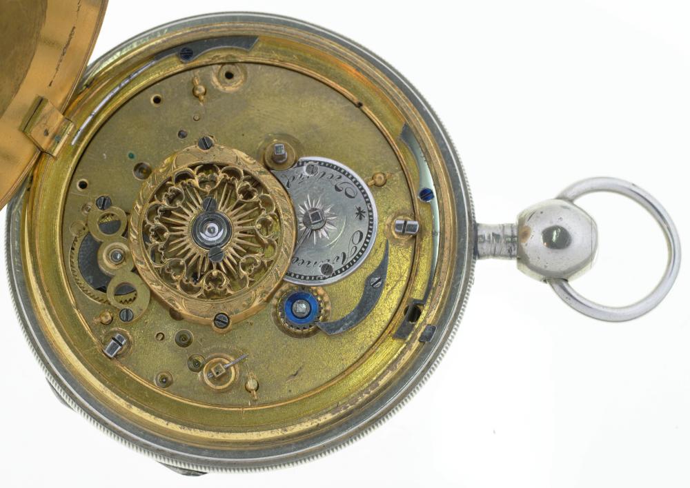 A SWISS SILVER QUARTER REPEATING VERGE WATCH DUCHENE & FILS, EARLY 19TH C the gilt dial cast with - Image 2 of 2