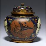 A JAPANESE OVAL CLOISONNÉ ENAMEL VASE AND COVER IN THE MANNER NAMIKAWA YASUYUKI, C1890-95 with
