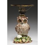 A STAFFORDSHIRE PORCELAIN OWL NOVELTY OIL LAMP, C1881 with glass eyes, realistically painted,