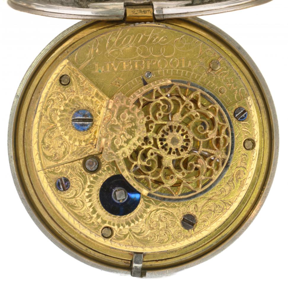 AN ENGLISH SILVER PAIR CASED VERGE WATCH,R CLARKE LIVERPOOL, 1058 with enamel dial, foliate - Image 2 of 2