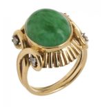 AN OVAL CABOCHON JADE AND DIAMOND RING BY BOUCHERON in 18ct gold, marked BMCo and Boucheron, 8g ,