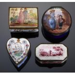 FOUR FRENCH ENAMEL BONBONNIERES, EARLY 20TH C painted with different subjects, heart shaped