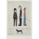 †LAURENCE STEPHEN LOWRY, RA (1887-1976) THREE MEN AND A CAT reproduction, printed in colour,