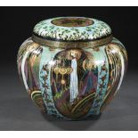 A WEDGWOOD FAIRYLAND LUSTRE MALFREY POT AND COVER DESIGNED BY DAISY MAKEIG-JONES, C1920 decorated