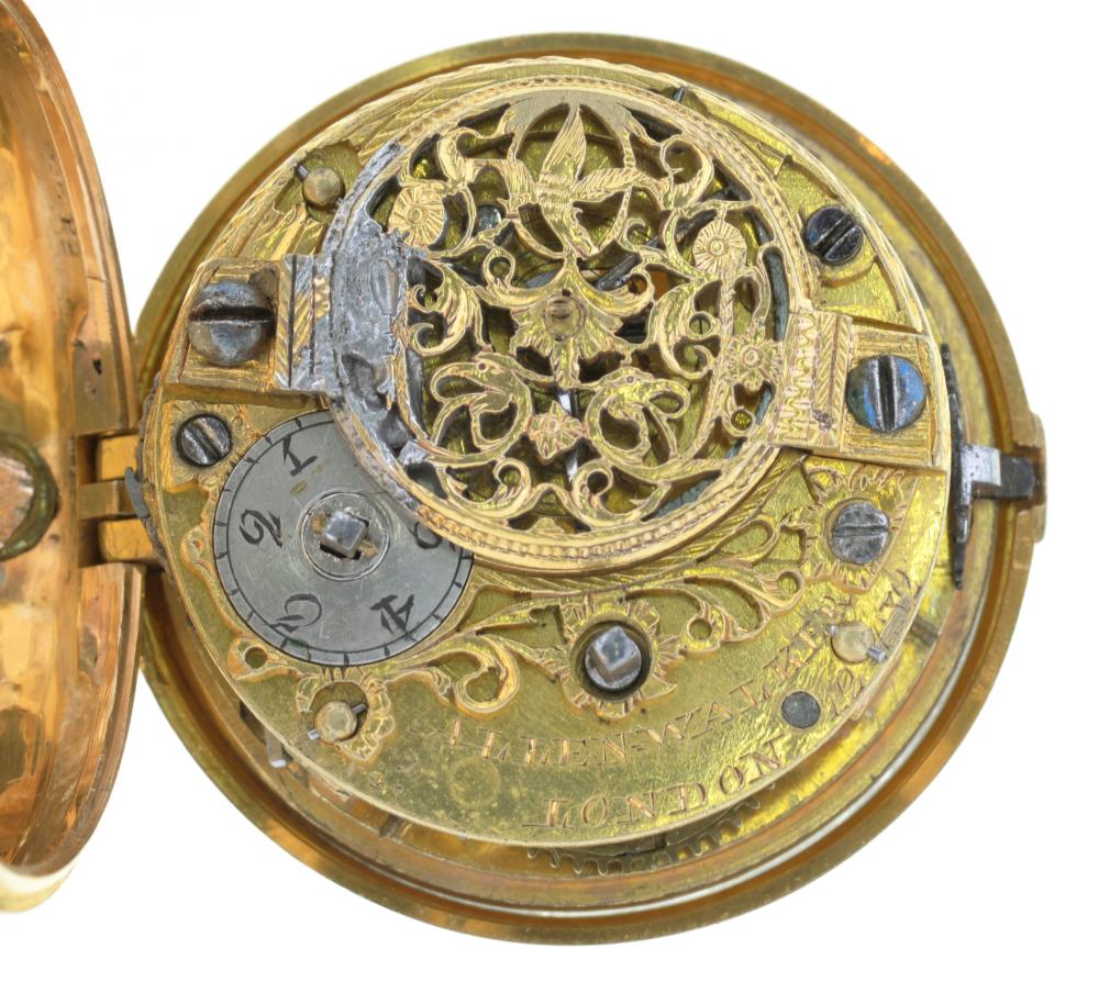 A GOLD REPOUSSÉ TRIPLE CASED VERGE WATCH ALLEN WALKER LONDON, 12682 with Dutch style enamel dial, - Image 3 of 3