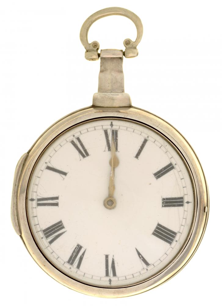 AN ENGLISH SILVER PAIR CASED VERGE WATCH,R CLARKE LIVERPOOL, 1058 with enamel dial, foliate