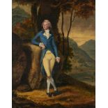 ENGLISH SCHOOL, LATE 18TH CENTURY PORTRAIT OF A GENTLEMAN full length in a blue coat holding his hat