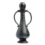 A CHINESE BRONZE GARLIC NECKED VASE, YUAN DYNASTY with zoomorphic mask and trunk handles and band of