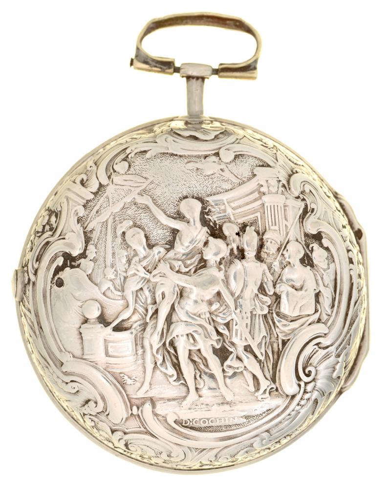 A SILVER PAIR CASED VERGE WATCH CABRIER LONDON, 18TH C with enamel dial, filigree hands, foliage - Image 2 of 3