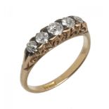 AN OLD CUT DIAMOND RING the five old cut diamonds approx 0.5 ct, gold hoop marked 18ct, 3g, size