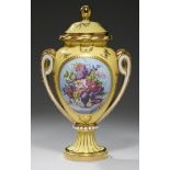 A LYNTON YELLOW GROUND VASE AND COVER, 20TH/21ST C painted by S D Nowacki, signed, with flowers in a