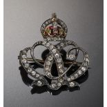 AN ENAMEL AND OLD CUT DIAMOND ROYAL PRESENTATION BROOCH, C1900 with central initials of, probably,