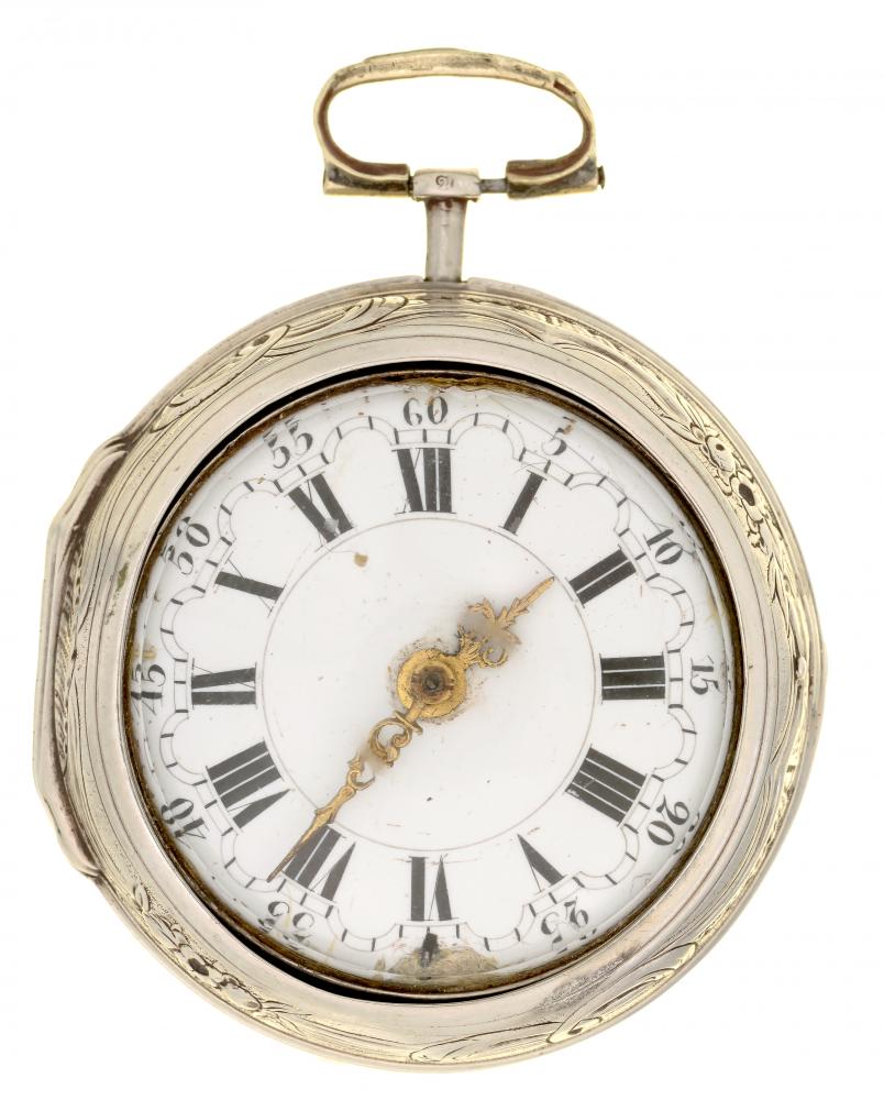 A SILVER PAIR CASED VERGE WATCH CABRIER LONDON, 18TH C with enamel dial, filigree hands, foliage