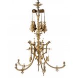 A VICTORIAN BRASS RISE AND FALL GAS CHANDELIER, C1870 of five curved branches with pierced corona,