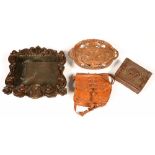 A CONTINENTAL CARVED WALNUT DISPLAY CASE, A CROCODILE HIDE HANDBAG, ETC