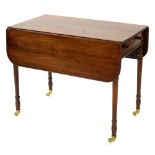 A VICTORIAN MAHOGANY PEMBROKE TABLE ON TURNED LEGS AND BRASS CASTORS, 72CM H; 89 X 105CM