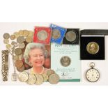 A VICTORIAN SILVER WATCH, A SILVER INGOT PENDANT AND MISCELLANEOUS COMMEMORATIVE AND OTHER COINS