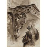 A PAIR OF HOGARTH STYLE 19TH C MEZZOTINTS, CONTINENTAL WATERCOLOUR OF A GARGOYLE AND A VICTORIAN