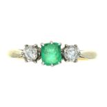 AN EMERALD AND DIAMOND RING, IN GOLD MARKED 18CT AND PLAT, 2.5G, SIZE M++EMERALD FACETS ABRADED
