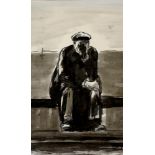 20TH C SCHOOL, A SEATED GENTLEMAN, INDISTINCTLY SIGNED WITH INITIALS, WATERCOLOUR, 28 X 17CM