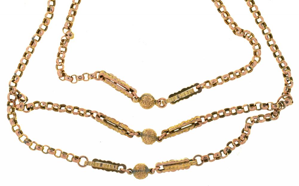 A VICTORIAN GOLD CHAIN, 42CM L, AND ANOTHER, 34 CM L, AND A LENGTH OF SIMILAR CHAIN, 15G++ADAPTED,