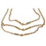 A VICTORIAN GOLD CHAIN, 42CM L, AND ANOTHER, 34 CM L, AND A LENGTH OF SIMILAR CHAIN, 15G++ADAPTED,