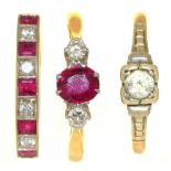 TWO RUBY AND DIAMOND RINGS IN GOLD, ONE MARKED 18CT AND PLAT, AND ANOTHER GEM SET RING MARKED 9CT