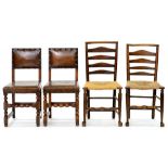A PAIR OF VICTORIAN ASH LADDER BACK DINING CHAIRS WITH RUSH SEATS AND A PAIR OF VICTORIAN OAK DINING