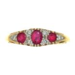 A RUBY AND DIAMOND RING IN 9CT GOLD, CONVENTION MARKED, INSCRIBED '0.10CT', 3G, SIZE S½++LIGHT