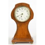 AN INLAID MAHOGANY MANTEL CLOCK, THE ENAMEL DIAL INSCRIBED WOODMANSEY AND SON DONCASTER, EARLY